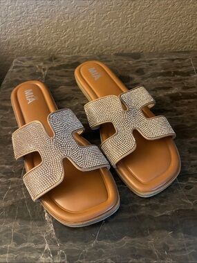 MIA Tan/Rose Gold Slide Sandals with Rhinestone-Embellished Strap